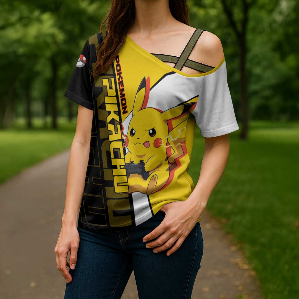 Pikachu Poké Cross Shoulder Shirt Vibrant Retro Anime Style