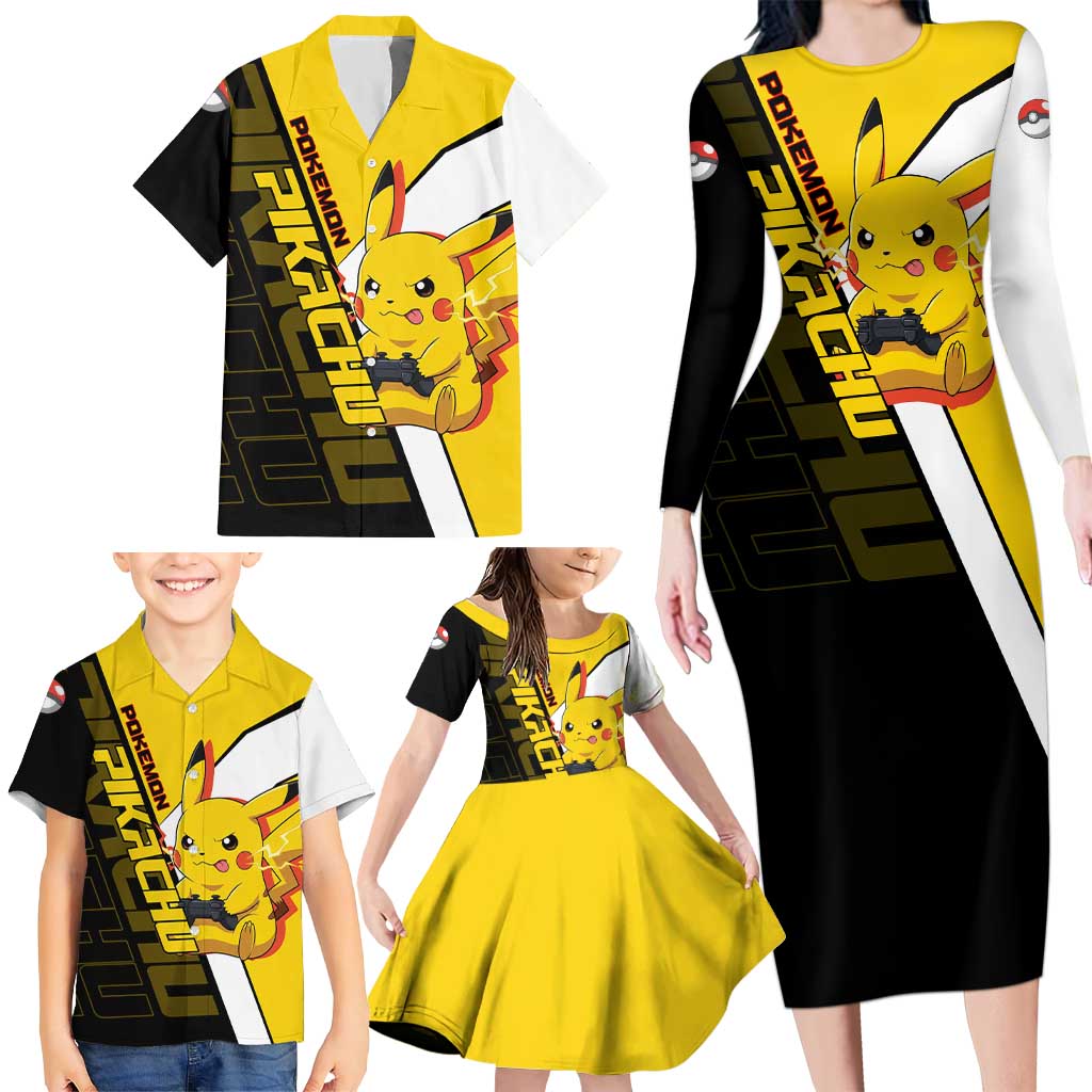 Pikachu Poké Family Matching Long Sleeve Bodycon Dress and Hawaiian Shirt Vibrant Retro Anime Style