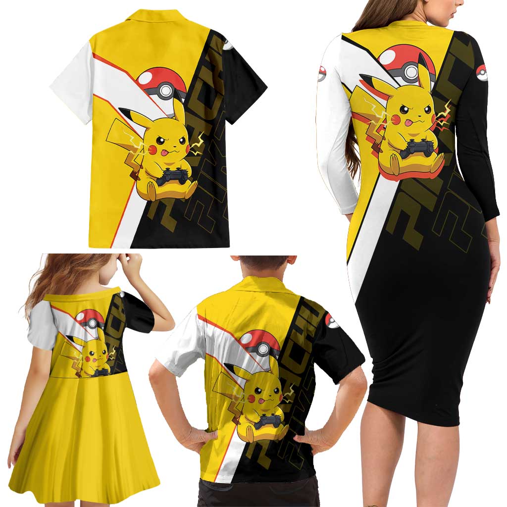 Pikachu Poké Family Matching Long Sleeve Bodycon Dress and Hawaiian Shirt Vibrant Retro Anime Style