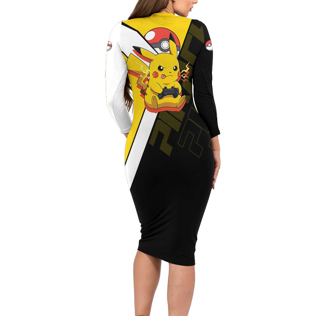 Pikachu Poké Family Matching Long Sleeve Bodycon Dress and Hawaiian Shirt Vibrant Retro Anime Style