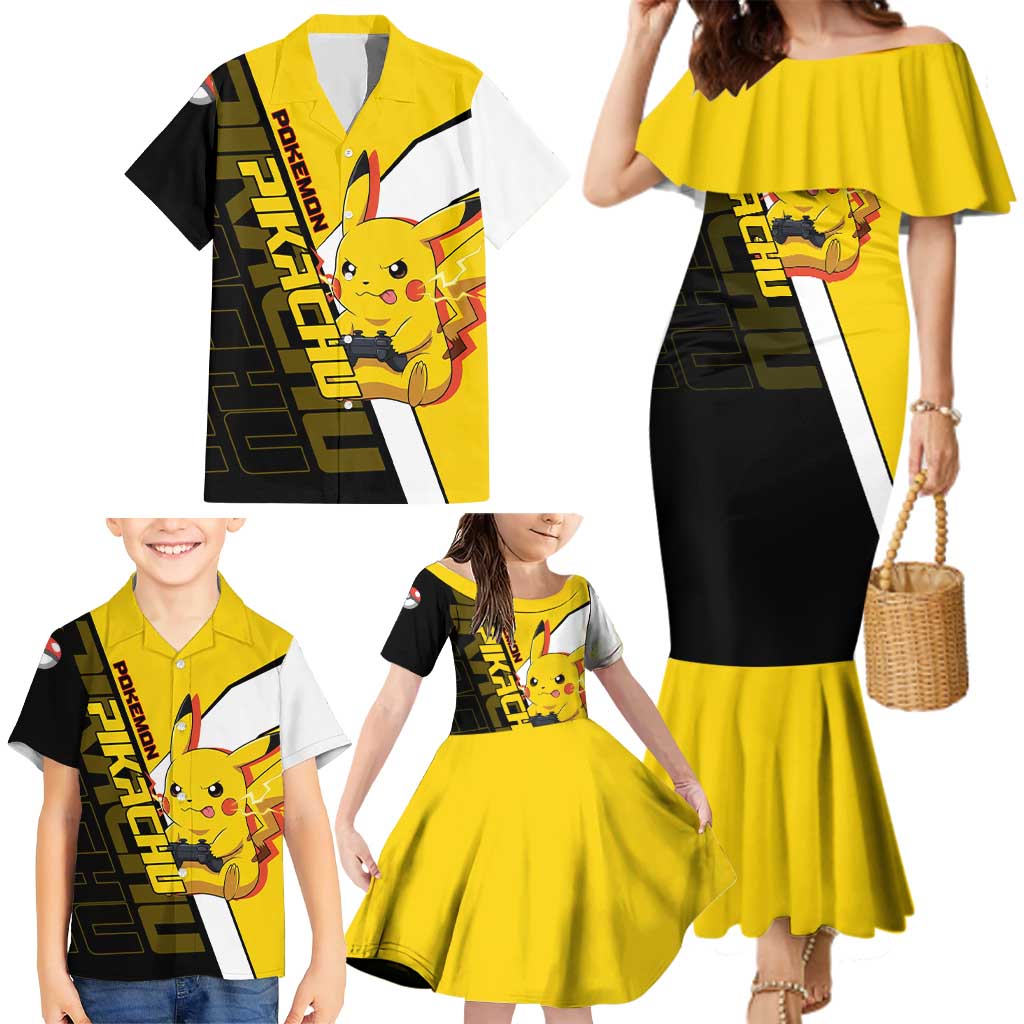 Pikachu Poké Family Matching Mermaid Dress and Hawaiian Shirt Vibrant Retro Anime Style