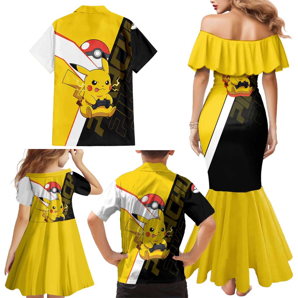 Pikachu Poké Family Matching Mermaid Dress and Hawaiian Shirt Vibrant Retro Anime Style