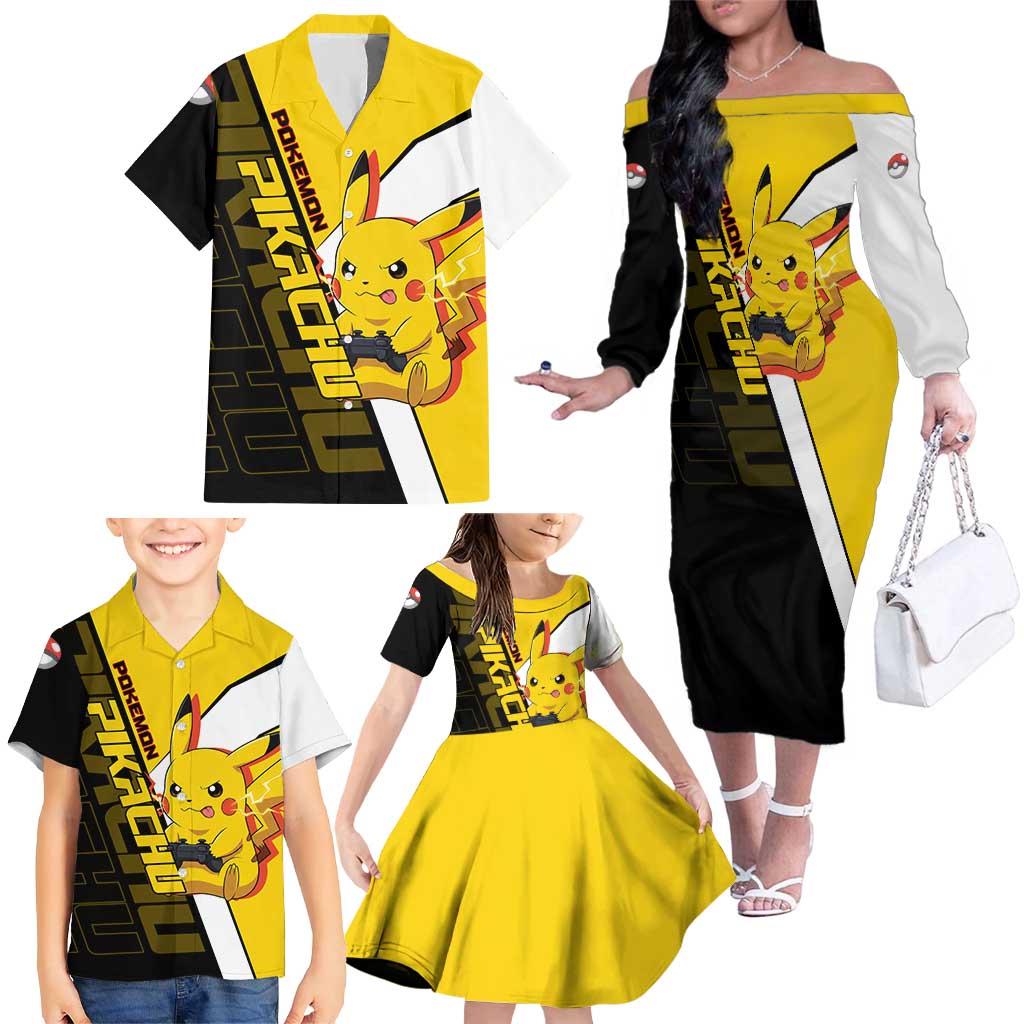 Pikachu Poké Family Matching Off The Shoulder Long Sleeve Dress and Hawaiian Shirt Vibrant Retro Anime Style