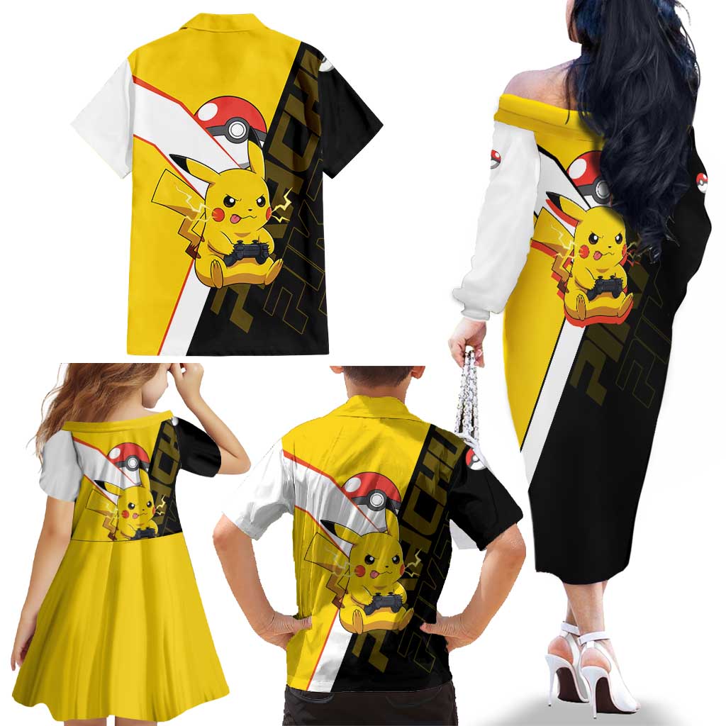 Pikachu Poké Family Matching Off The Shoulder Long Sleeve Dress and Hawaiian Shirt Vibrant Retro Anime Style
