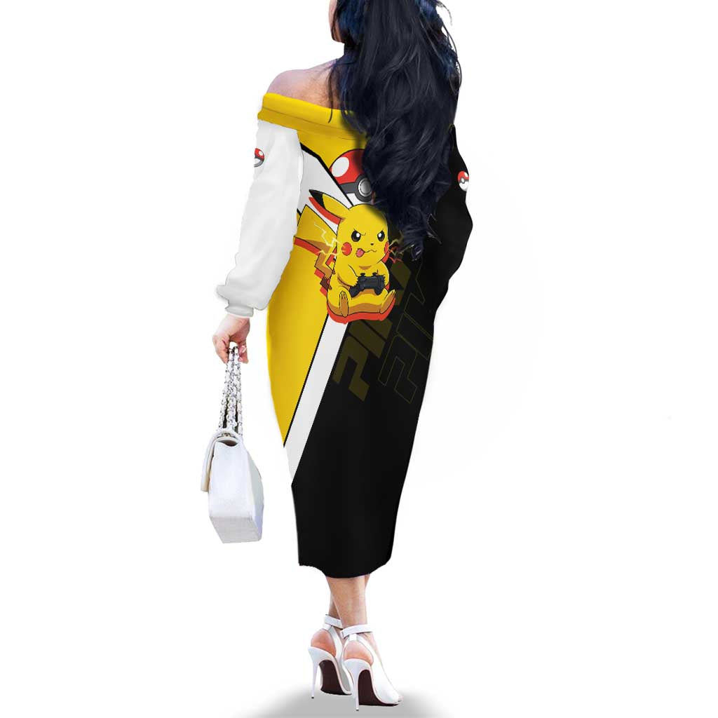 Pikachu Poké Family Matching Off The Shoulder Long Sleeve Dress and Hawaiian Shirt Vibrant Retro Anime Style