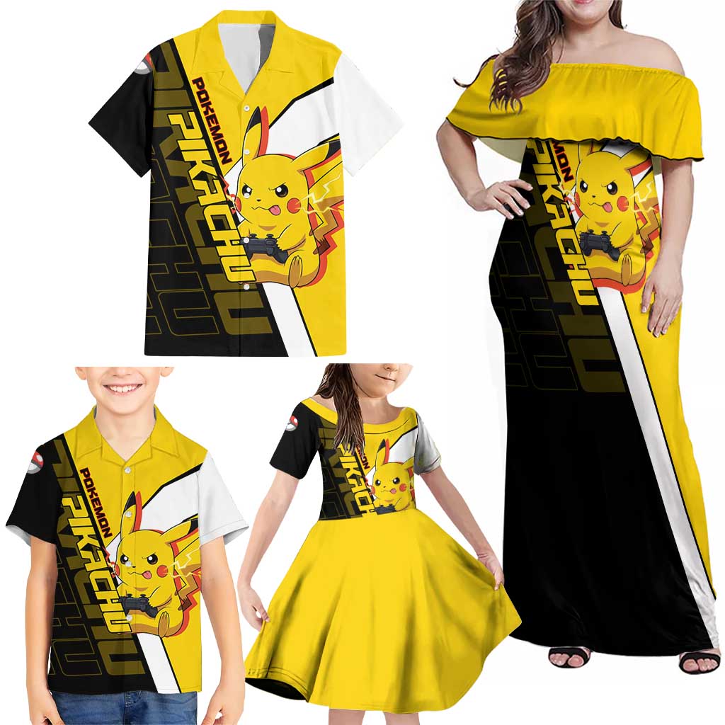 Pikachu Poké Family Matching Off Shoulder Maxi Dress and Hawaiian Shirt Vibrant Retro Anime Style