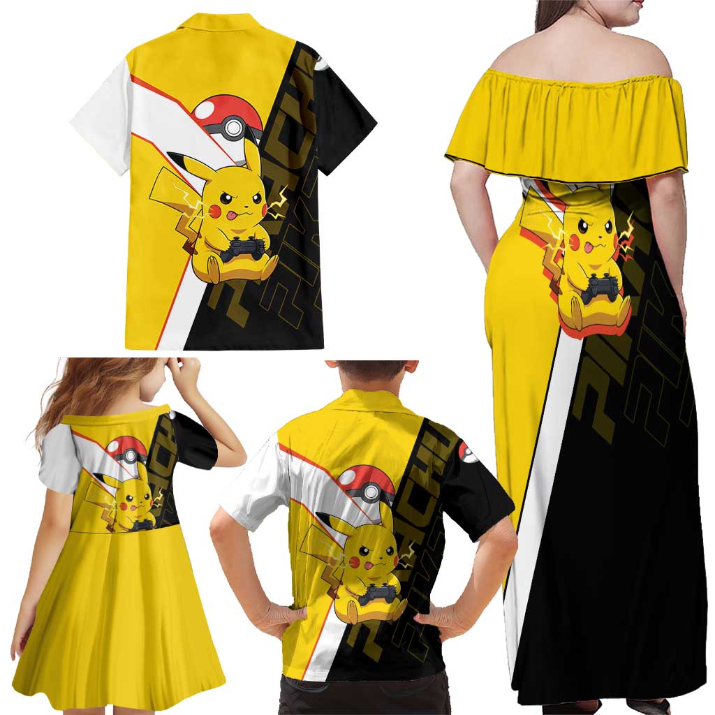 Pikachu Poké Family Matching Off Shoulder Maxi Dress and Hawaiian Shirt Vibrant Retro Anime Style