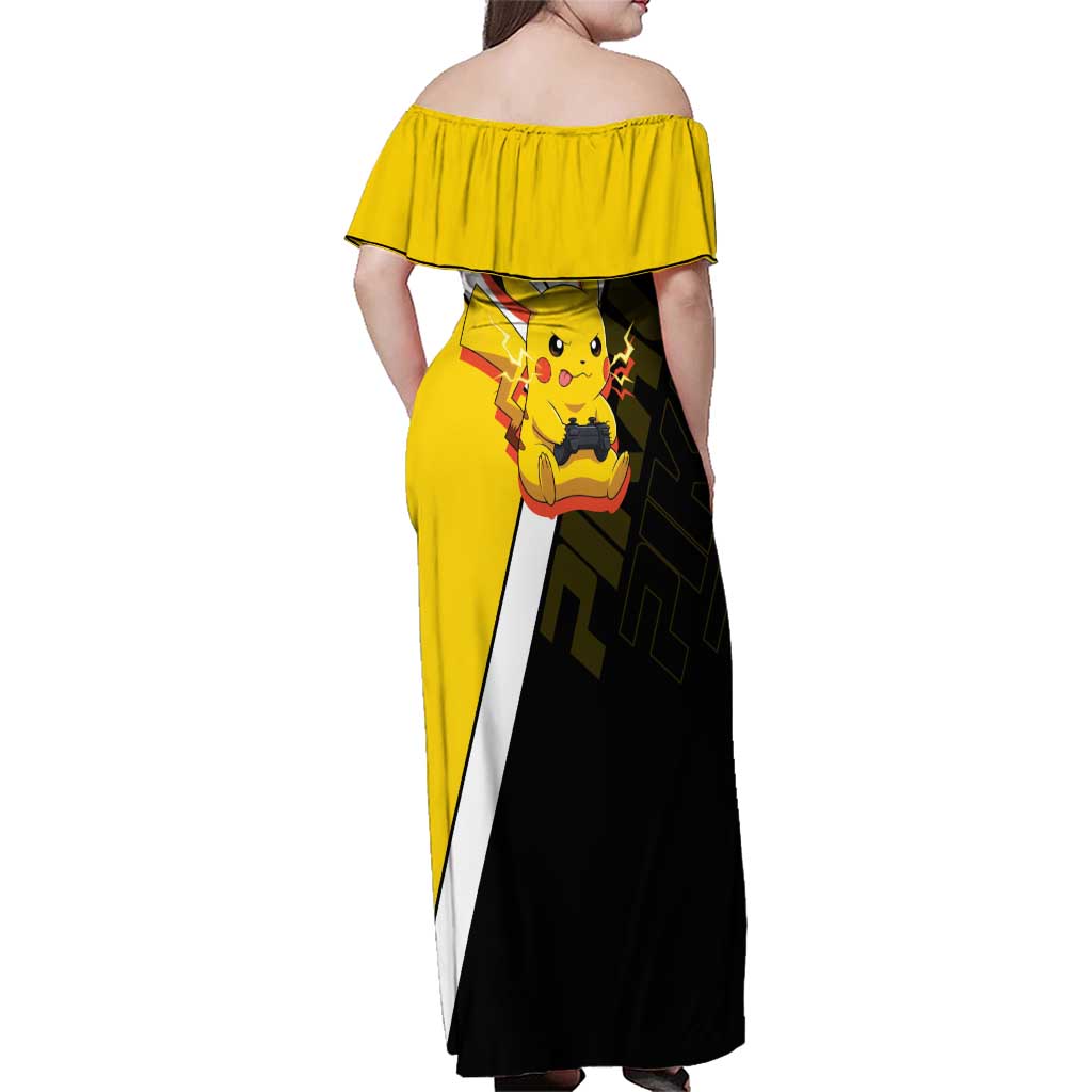 Pikachu Poké Family Matching Off Shoulder Maxi Dress and Hawaiian Shirt Vibrant Retro Anime Style