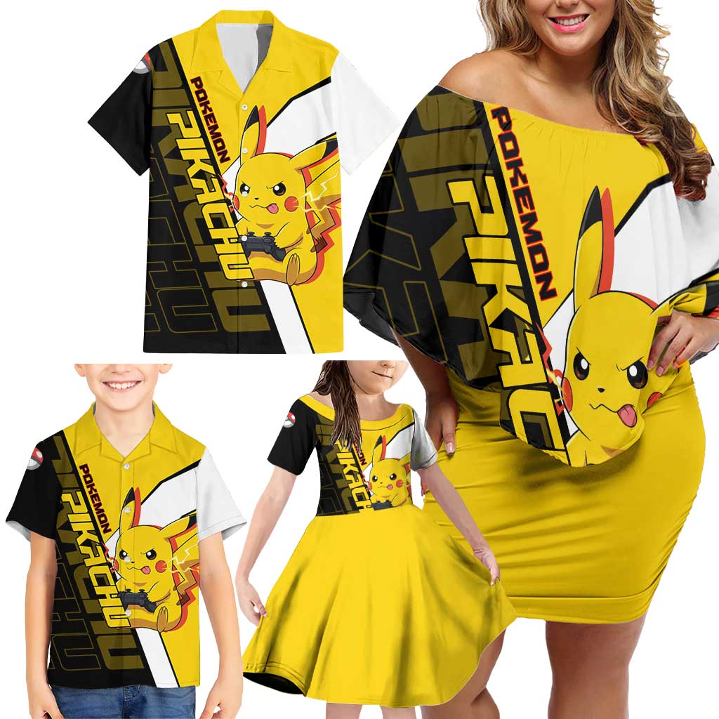 Pikachu Poké Family Matching Off Shoulder Short Dress and Hawaiian Shirt Vibrant Retro Anime Style
