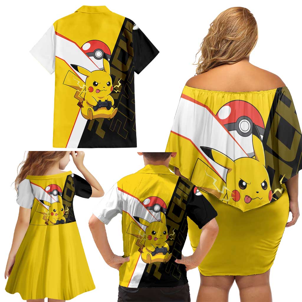 Pikachu Poké Family Matching Off Shoulder Short Dress and Hawaiian Shirt Vibrant Retro Anime Style