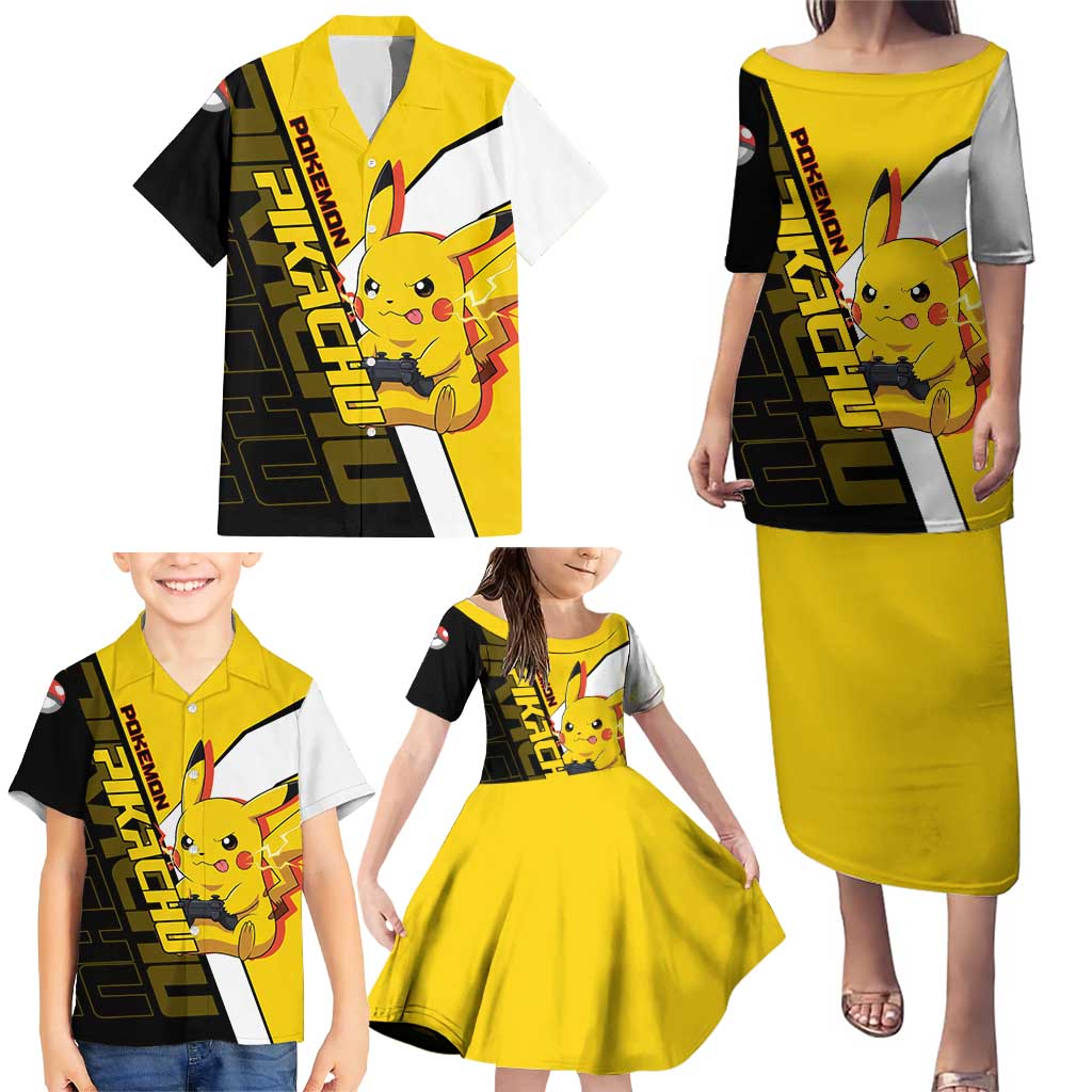 Pikachu Poké Family Matching Puletasi and Hawaiian Shirt Vibrant Retro Anime Style
