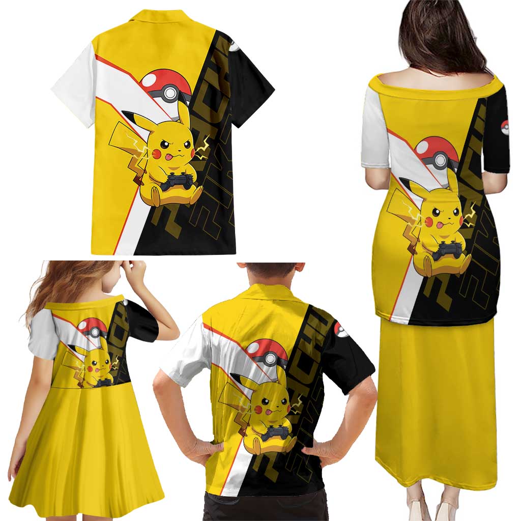 Pikachu Poké Family Matching Puletasi and Hawaiian Shirt Vibrant Retro Anime Style