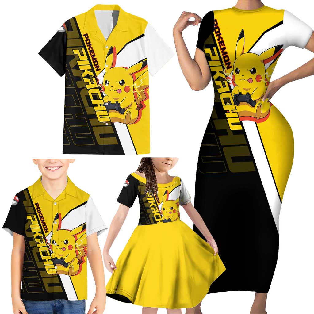 Pikachu Poké Family Matching Short Sleeve Bodycon Dress and Hawaiian Shirt Vibrant Retro Anime Style