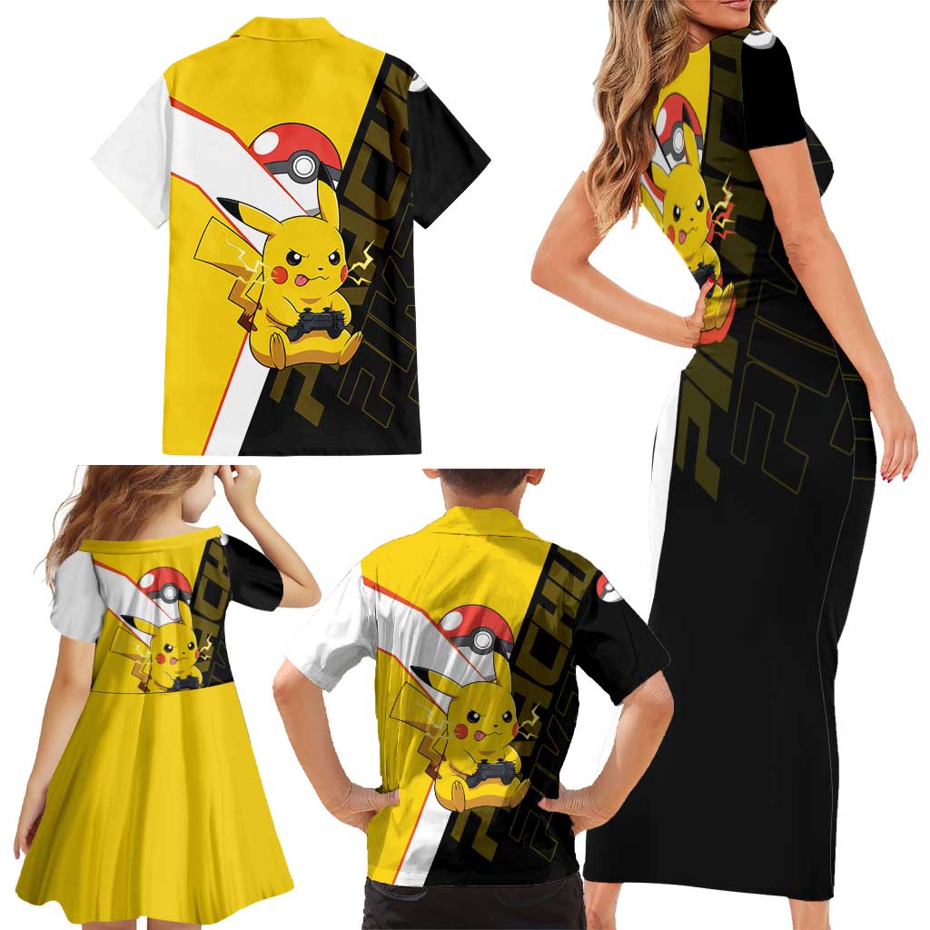 Pikachu Poké Family Matching Short Sleeve Bodycon Dress and Hawaiian Shirt Vibrant Retro Anime Style