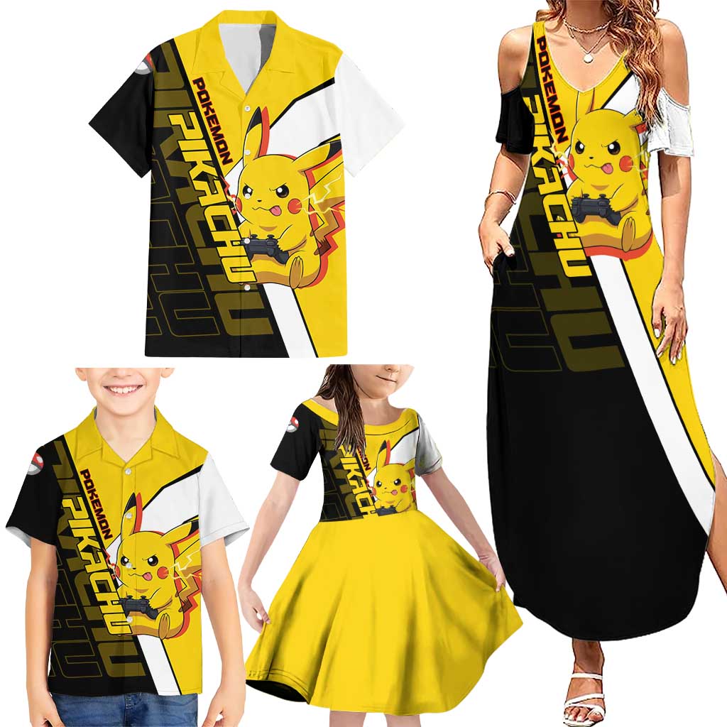 Pikachu Poké Family Matching Summer Maxi Dress and Hawaiian Shirt Vibrant Retro Anime Style
