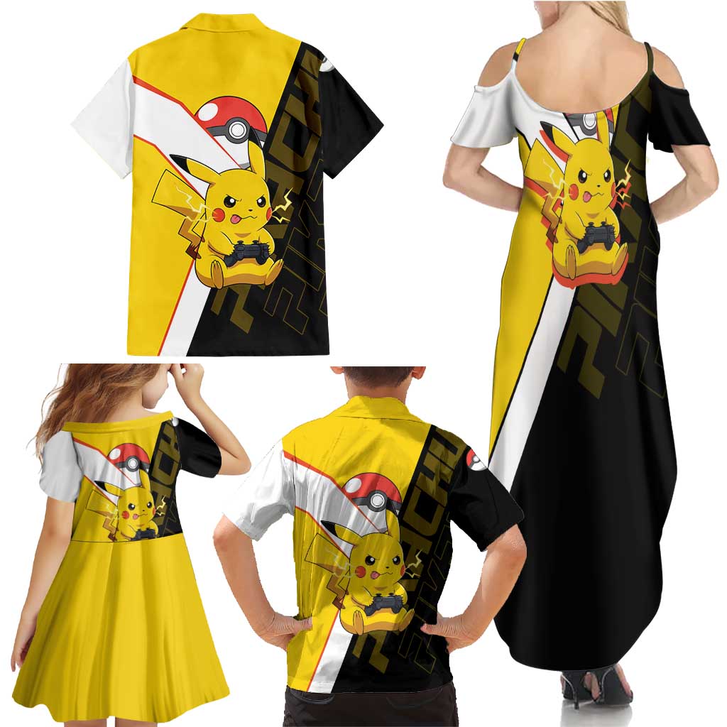 Pikachu Poké Family Matching Summer Maxi Dress and Hawaiian Shirt Vibrant Retro Anime Style