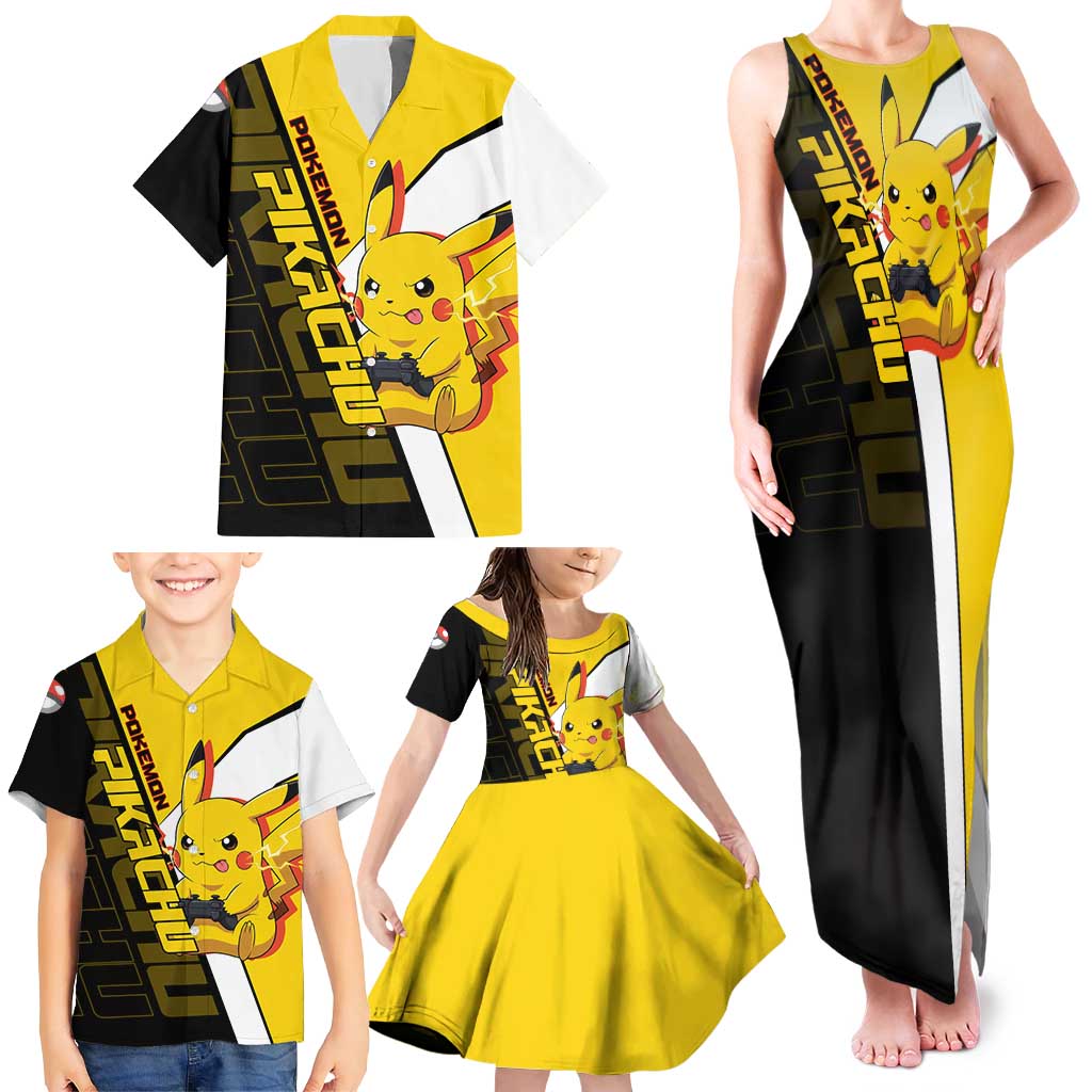 Pikachu Poké Family Matching Tank Maxi Dress and Hawaiian Shirt Vibrant Retro Anime Style