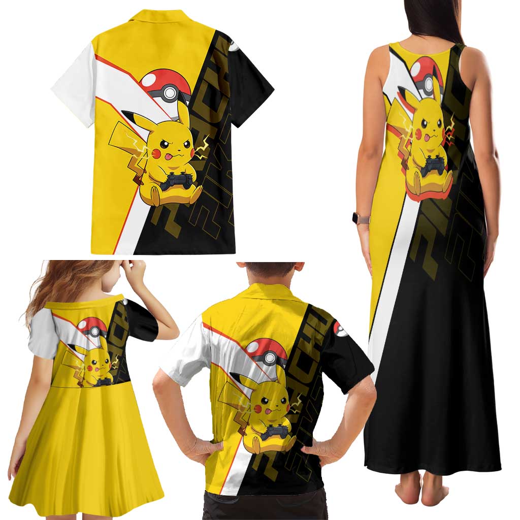 Pikachu Poké Family Matching Tank Maxi Dress and Hawaiian Shirt Vibrant Retro Anime Style