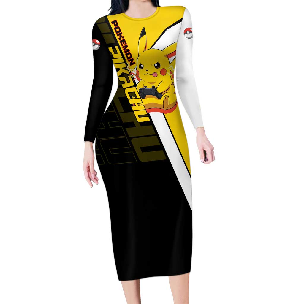 Pikachu Poké Long Sleeve Bodycon Dress Vibrant Retro Anime Style