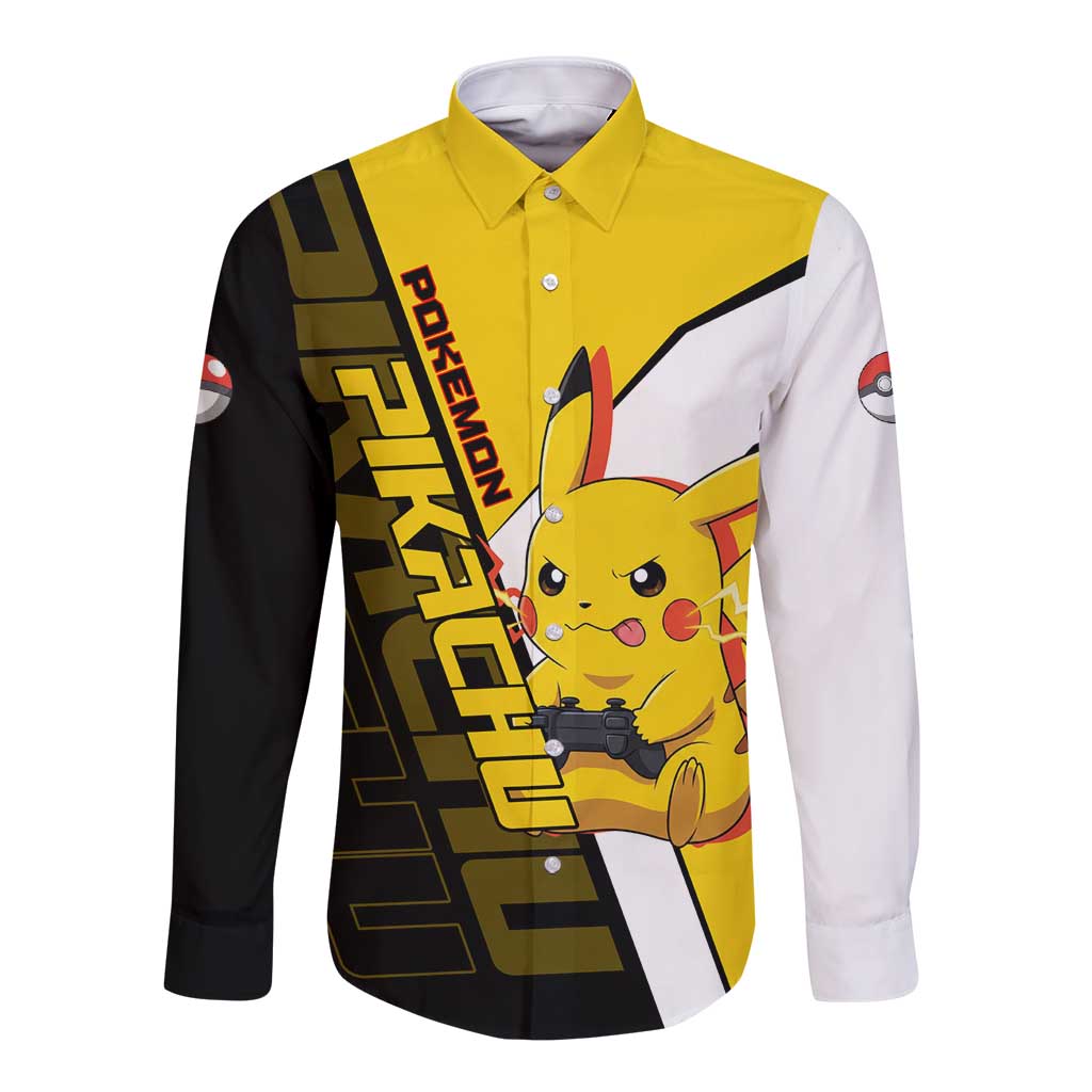 Pikachu Poké Long Sleeve Button Shirt Vibrant Retro Anime Style