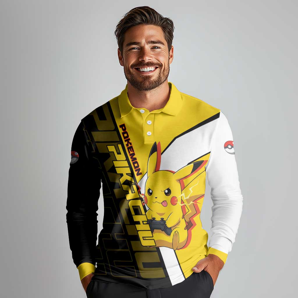 Pikachu Poké Long Sleeve Polo Shirt Vibrant Retro Anime Style