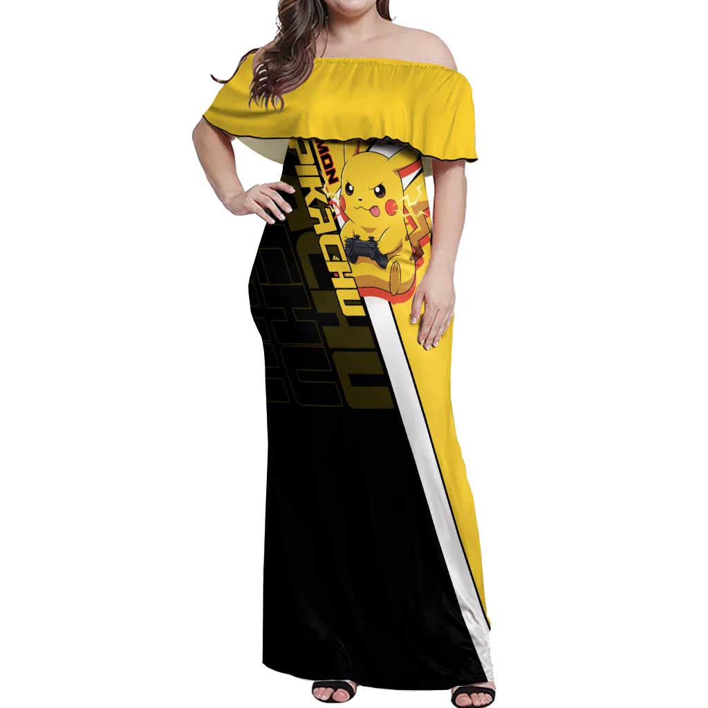 Pikachu Poké Off Shoulder Maxi Dress Vibrant Retro Anime Style