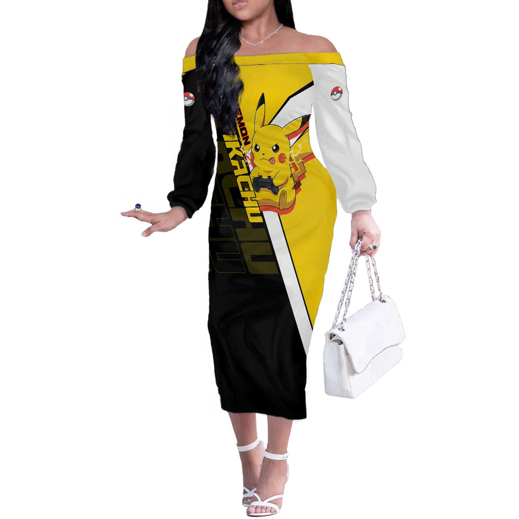 Pikachu Poké Off The Shoulder Long Sleeve Dress Vibrant Retro Anime Style