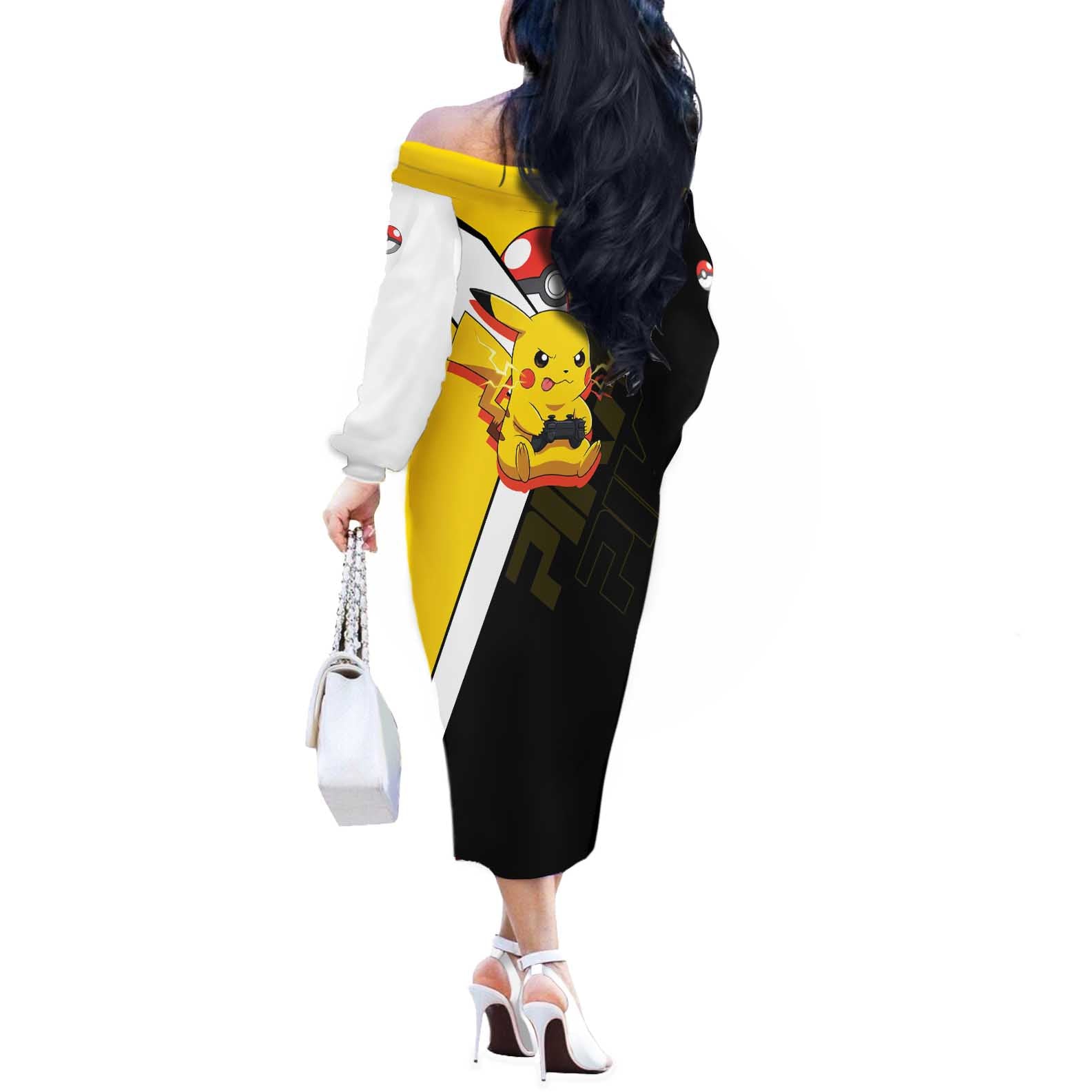 Pikachu Poké Off The Shoulder Long Sleeve Dress Vibrant Retro Anime Style