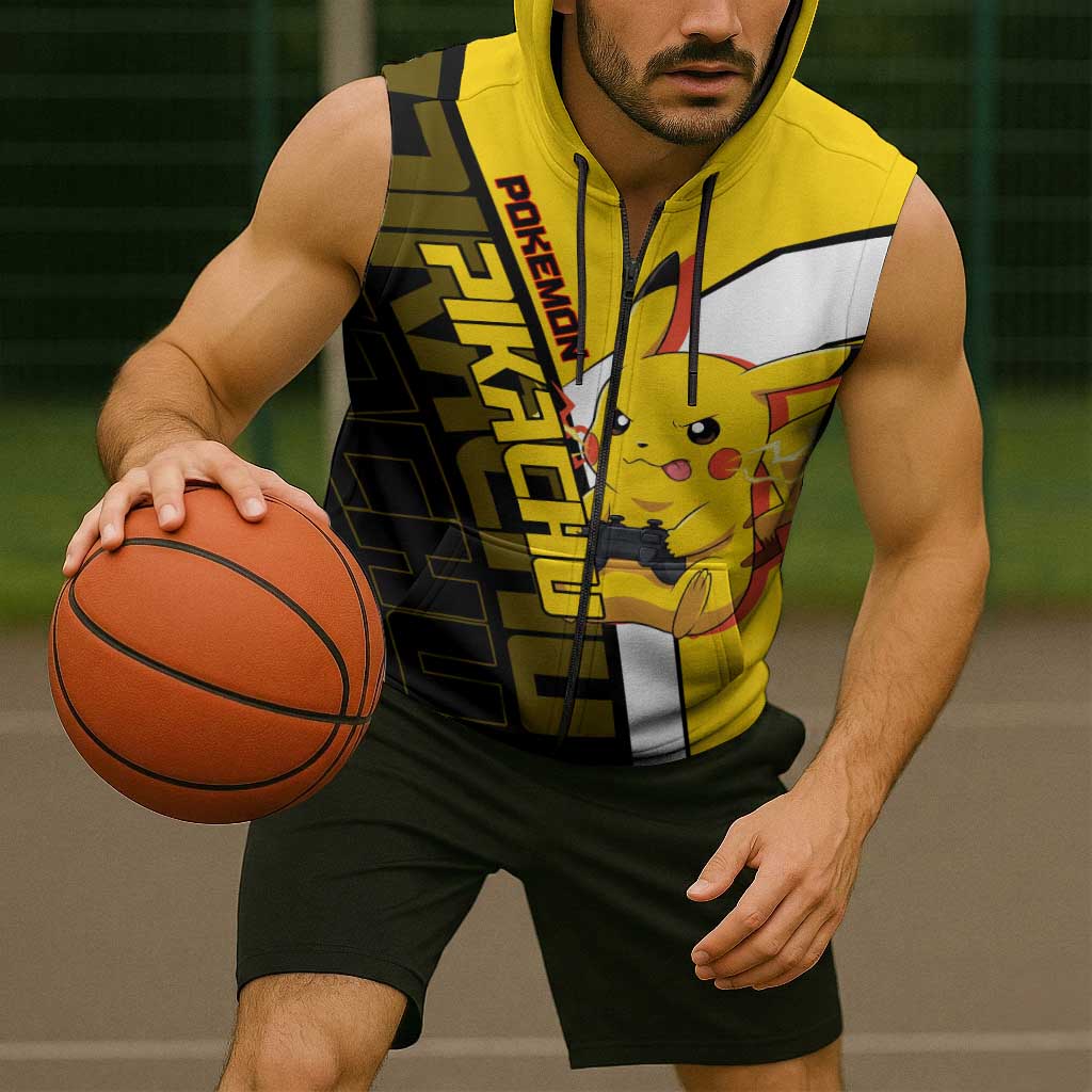 Pikachu Poké Sleeveless Zip Hoodie Vibrant Retro Anime Style