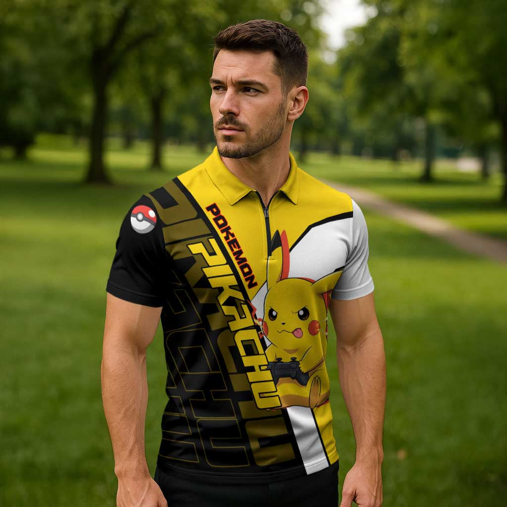 Pikachu Poké Zipper Polo Shirt Vibrant Retro Anime Style