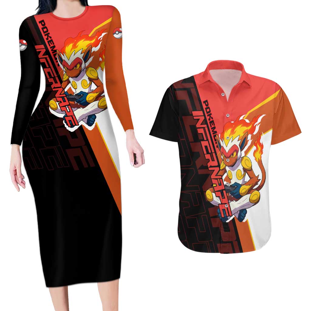 Infernape Poké Couples Matching Long Sleeve Bodycon Dress and Hawaiian Shirt Bold Retro Anime Style