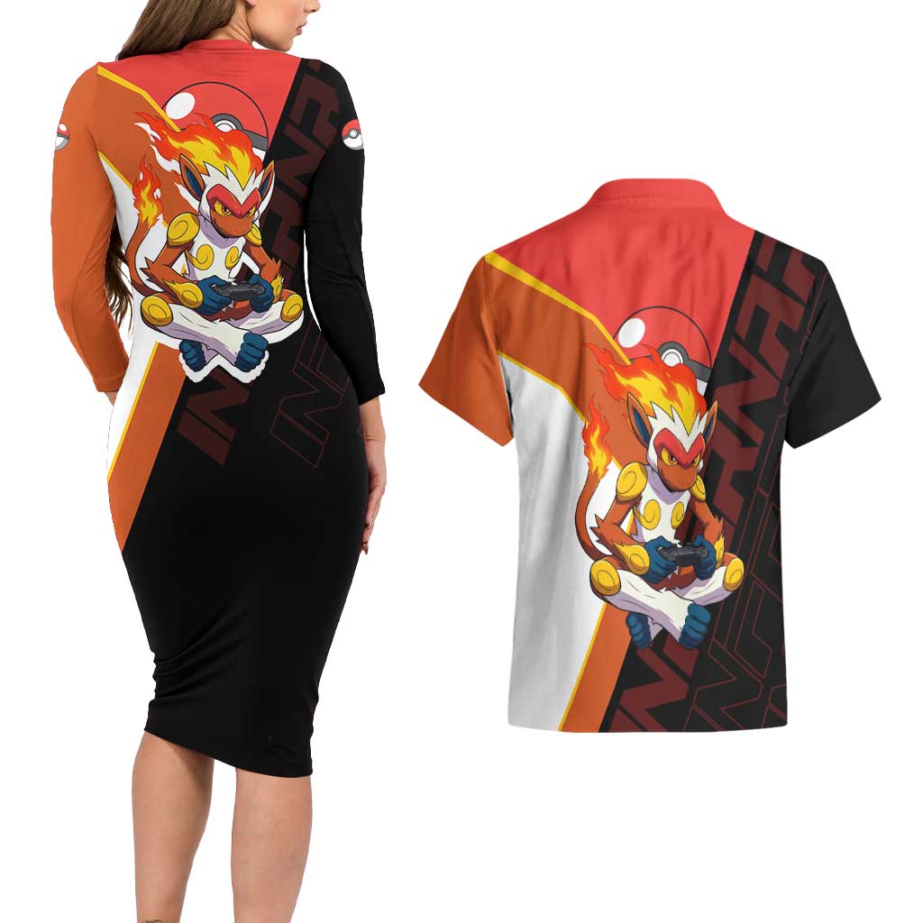Infernape Poké Couples Matching Long Sleeve Bodycon Dress and Hawaiian Shirt Bold Retro Anime Style