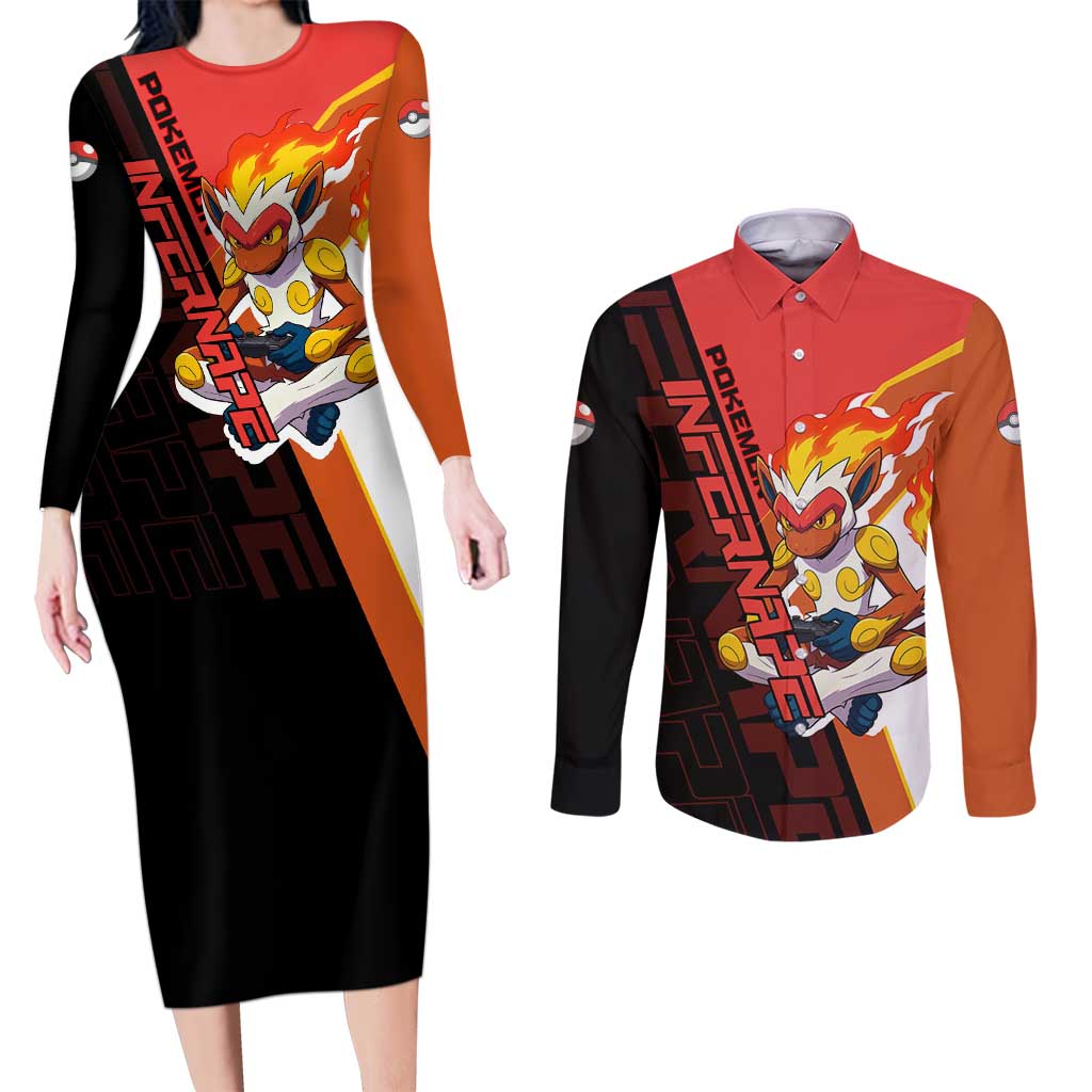 Infernape Poké Couples Matching Long Sleeve Bodycon Dress and Long Sleeve Button Shirt Bold Retro Anime Style
