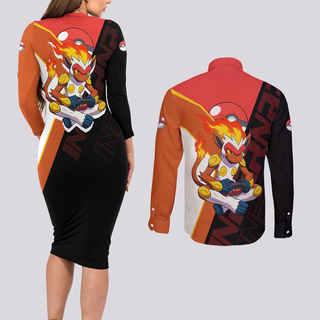 Infernape Poké Couples Matching Long Sleeve Bodycon Dress and Long Sleeve Button Shirt Bold Retro Anime Style