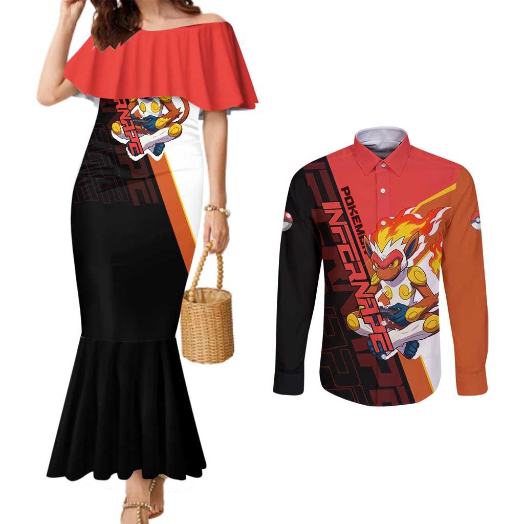 Infernape Poké Couples Matching Mermaid Dress and Long Sleeve Button Shirt Bold Retro Anime Style