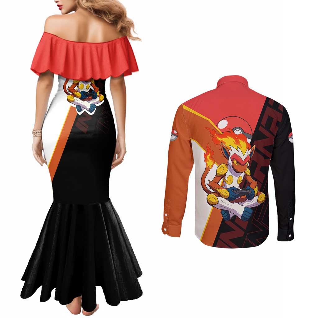 Infernape Poké Couples Matching Mermaid Dress and Long Sleeve Button Shirt Bold Retro Anime Style