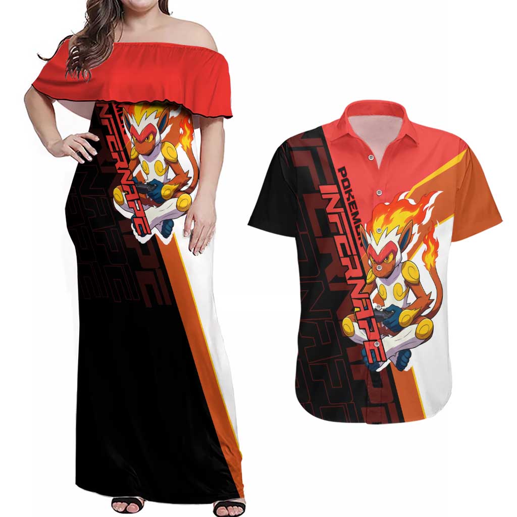 Infernape Poké Couples Matching Off Shoulder Maxi Dress and Hawaiian Shirt Bold Retro Anime Style
