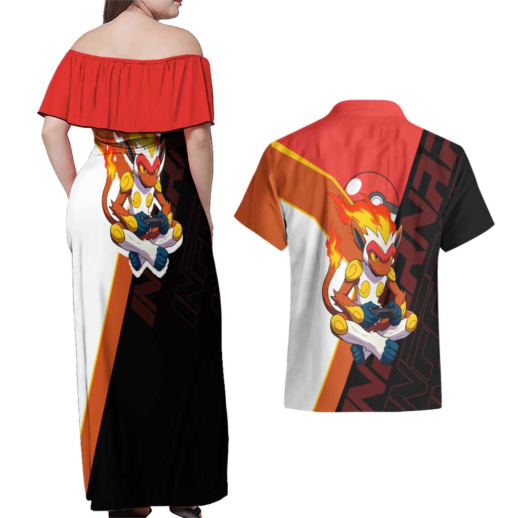 Infernape Poké Couples Matching Off Shoulder Maxi Dress and Hawaiian Shirt Bold Retro Anime Style