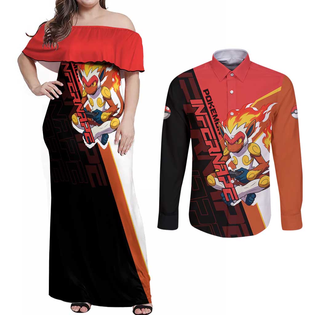 Infernape Poké Couples Matching Off Shoulder Maxi Dress and Long Sleeve Button Shirt Bold Retro Anime Style