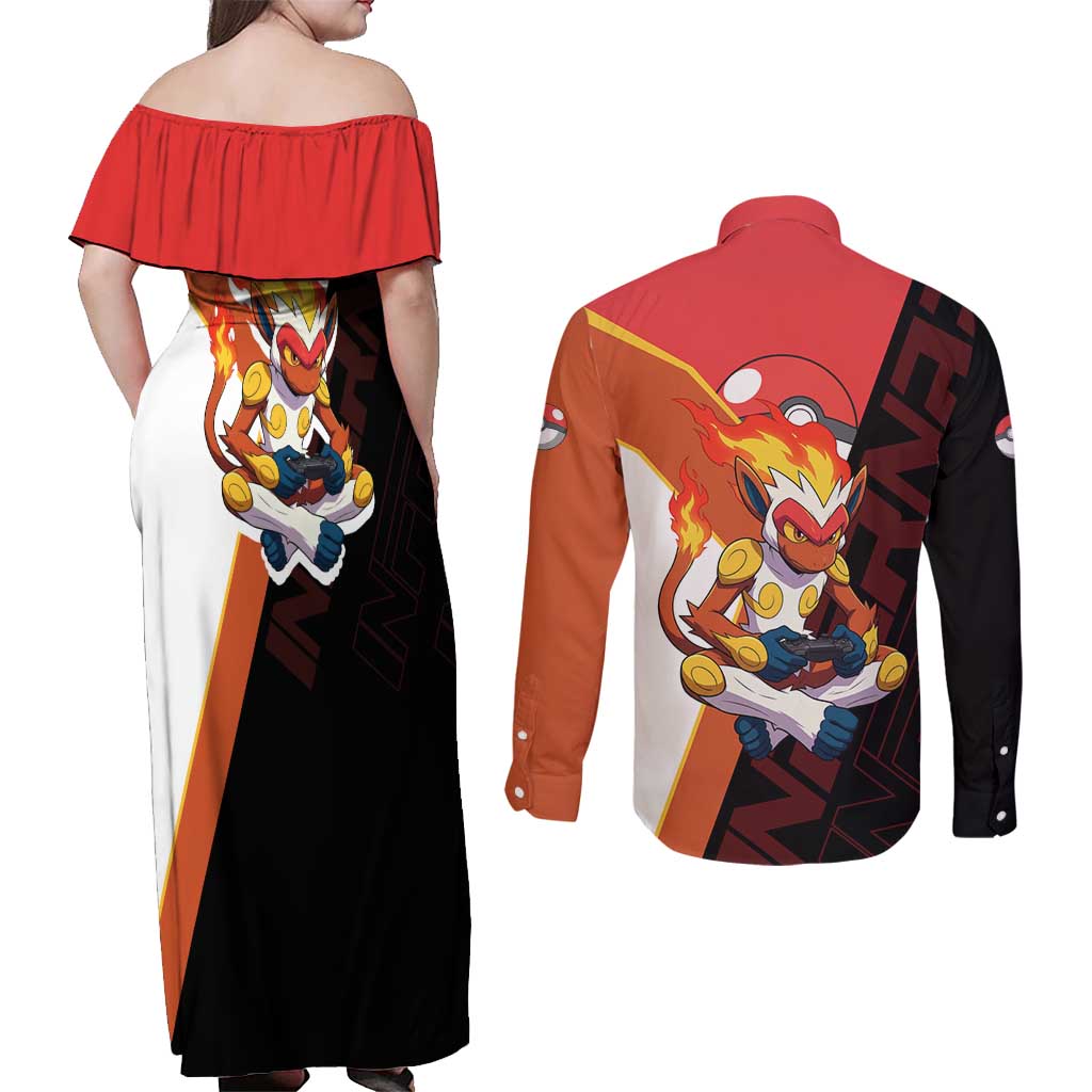 Infernape Poké Couples Matching Off Shoulder Maxi Dress and Long Sleeve Button Shirt Bold Retro Anime Style