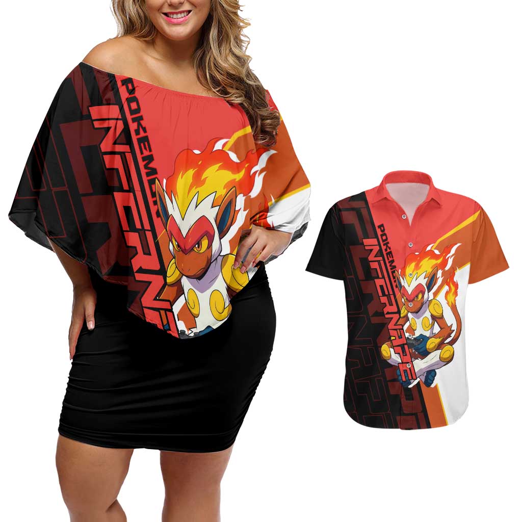 Infernape Poké Couples Matching Off Shoulder Short Dress and Hawaiian Shirt Bold Retro Anime Style