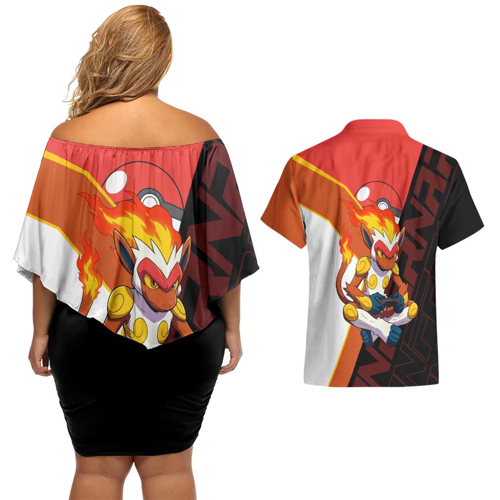 Infernape Poké Couples Matching Off Shoulder Short Dress and Hawaiian Shirt Bold Retro Anime Style