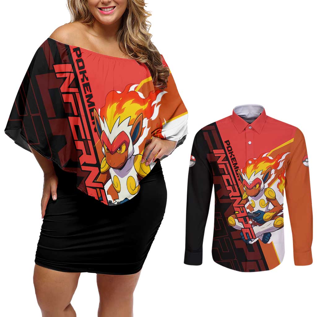 Infernape Poké Couples Matching Off Shoulder Short Dress and Long Sleeve Button Shirt Bold Retro Anime Style