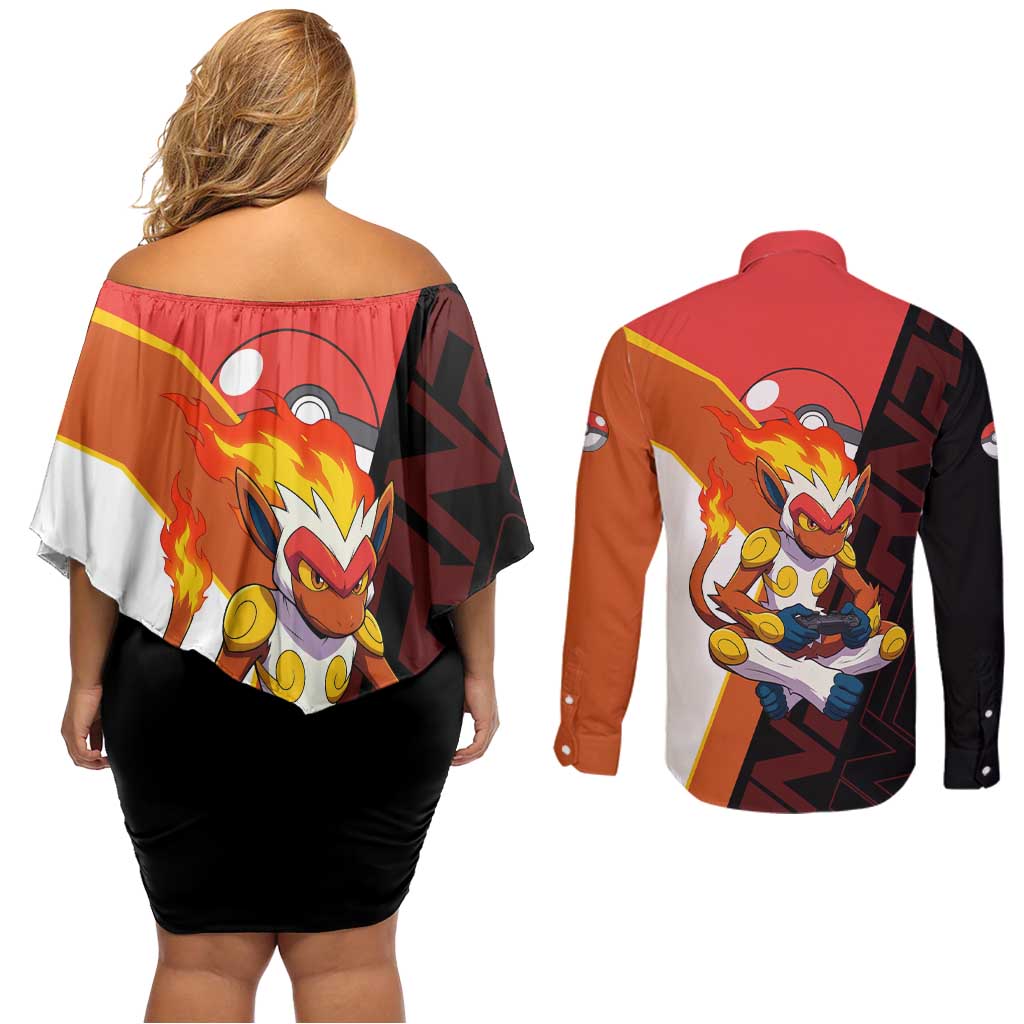 Infernape Poké Couples Matching Off Shoulder Short Dress and Long Sleeve Button Shirt Bold Retro Anime Style