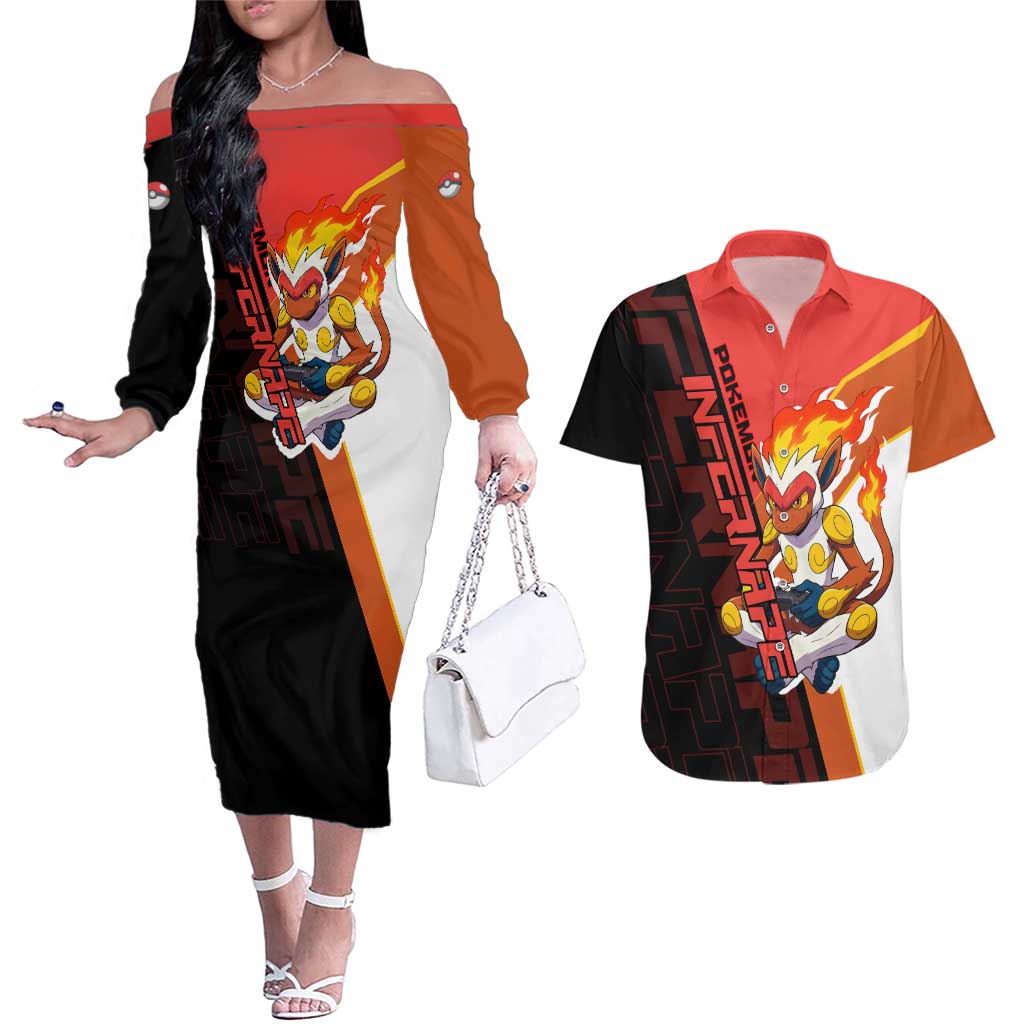 Infernape Poké Couples Matching Off The Shoulder Long Sleeve Dress and Hawaiian Shirt Bold Retro Anime Style