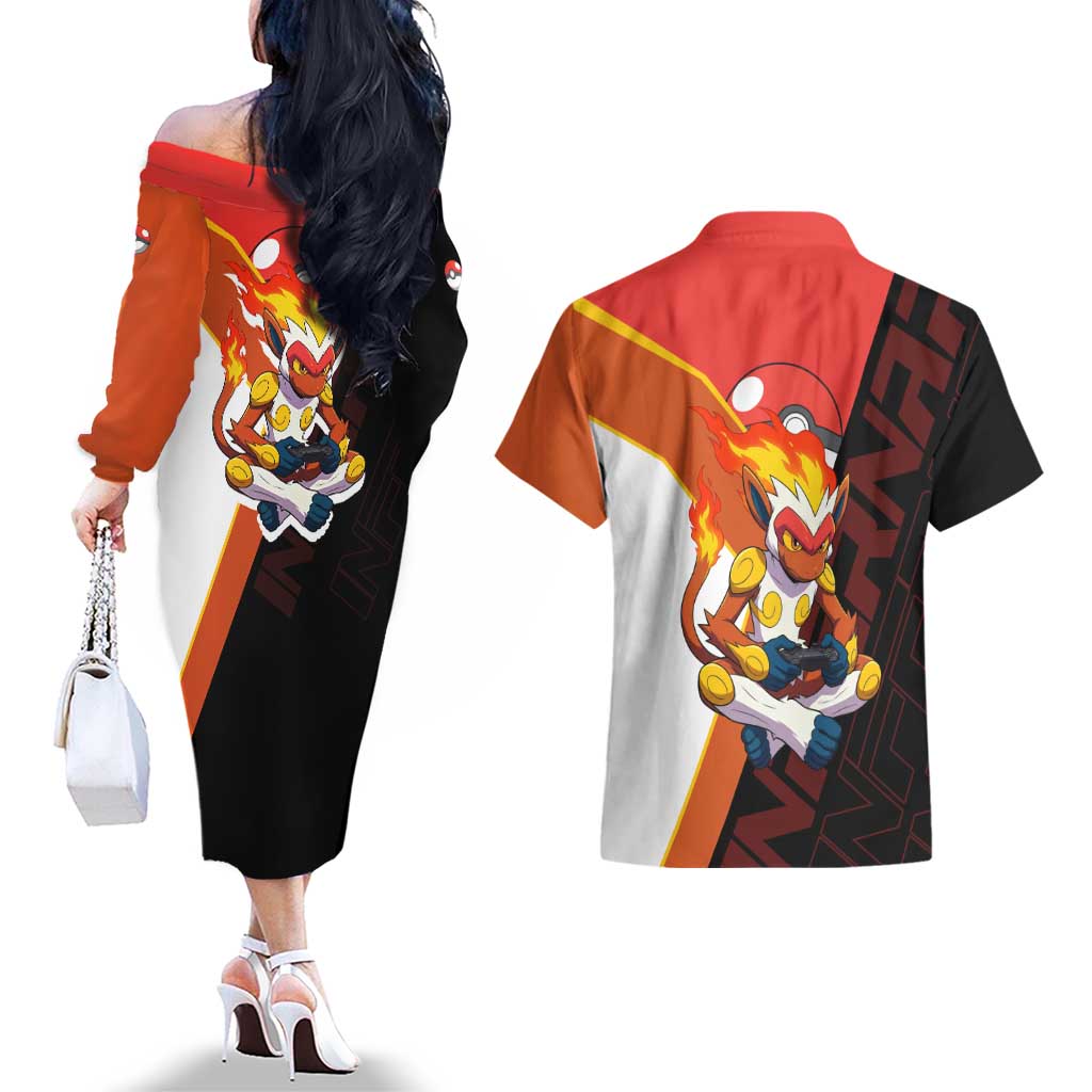 Infernape Poké Couples Matching Off The Shoulder Long Sleeve Dress and Hawaiian Shirt Bold Retro Anime Style