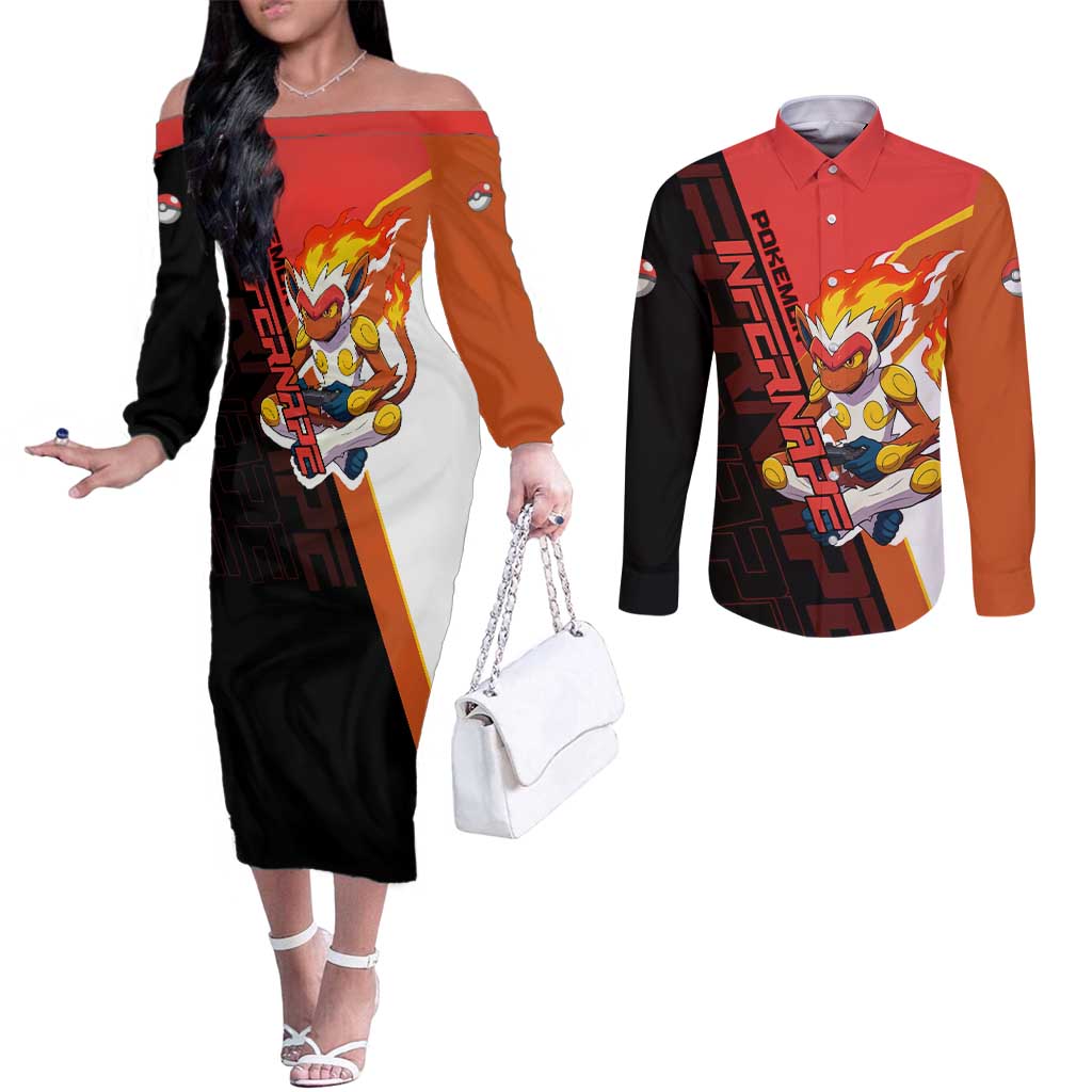 Infernape Poké Couples Matching Off The Shoulder Long Sleeve Dress and Long Sleeve Button Shirt Bold Retro Anime Style