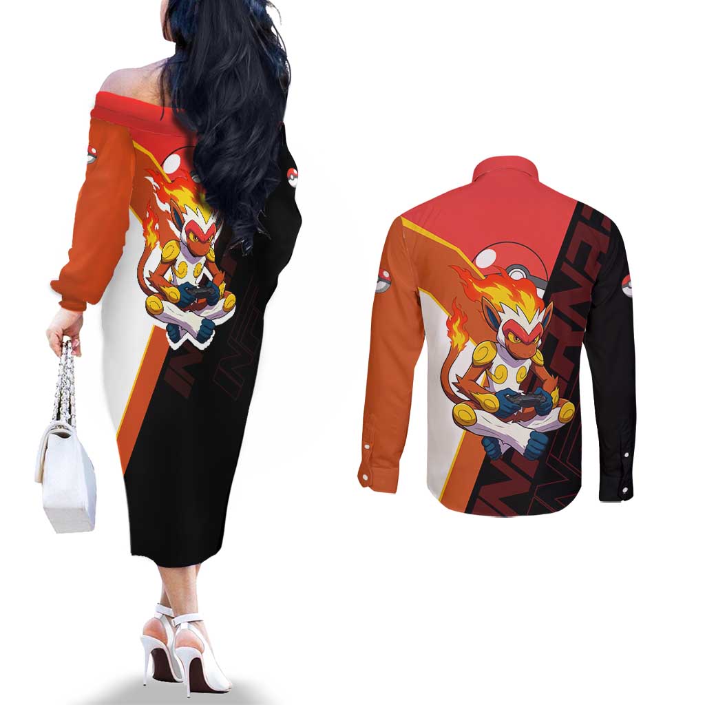 Infernape Poké Couples Matching Off The Shoulder Long Sleeve Dress and Long Sleeve Button Shirt Bold Retro Anime Style