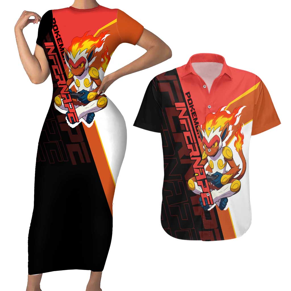 Infernape Poké Couples Matching Short Sleeve Bodycon Dress and Hawaiian Shirt Bold Retro Anime Style