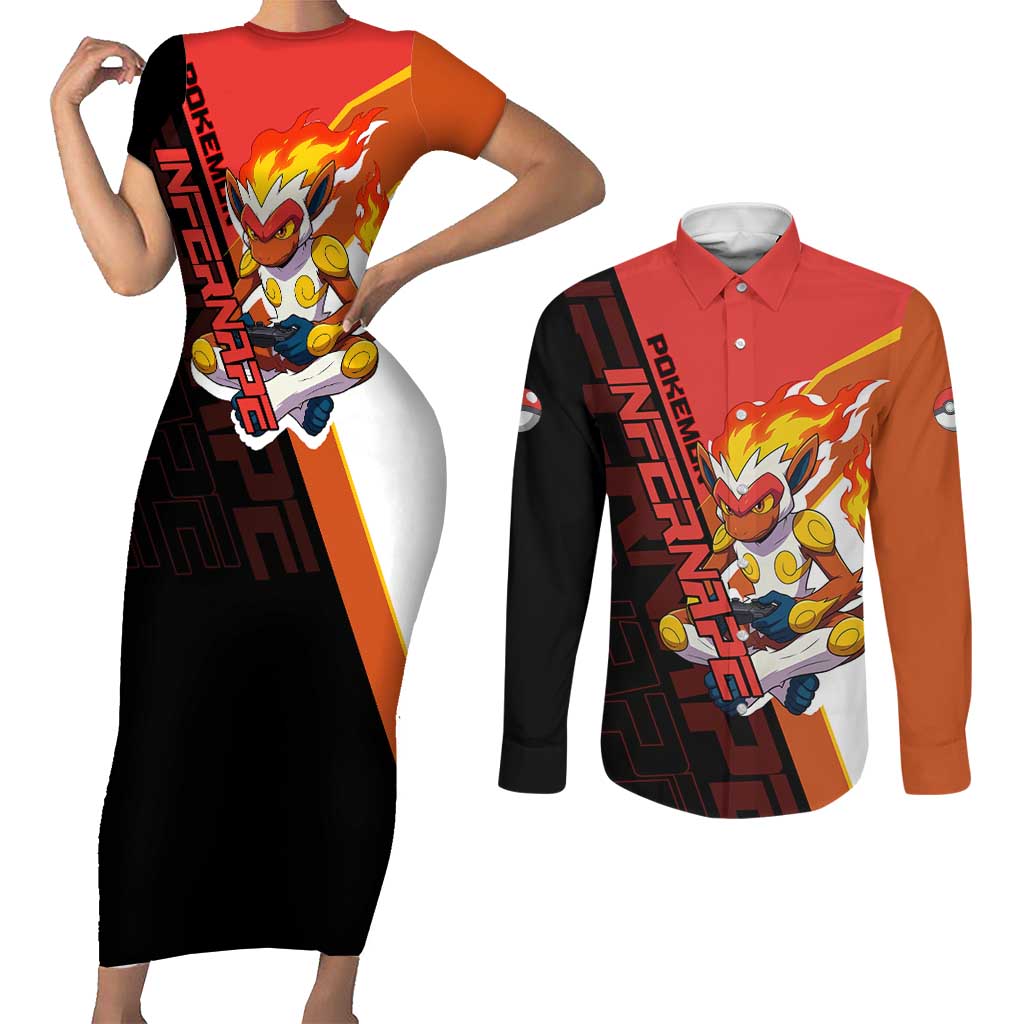 Infernape Poké Couples Matching Short Sleeve Bodycon Dress and Long Sleeve Button Shirt Bold Retro Anime Style